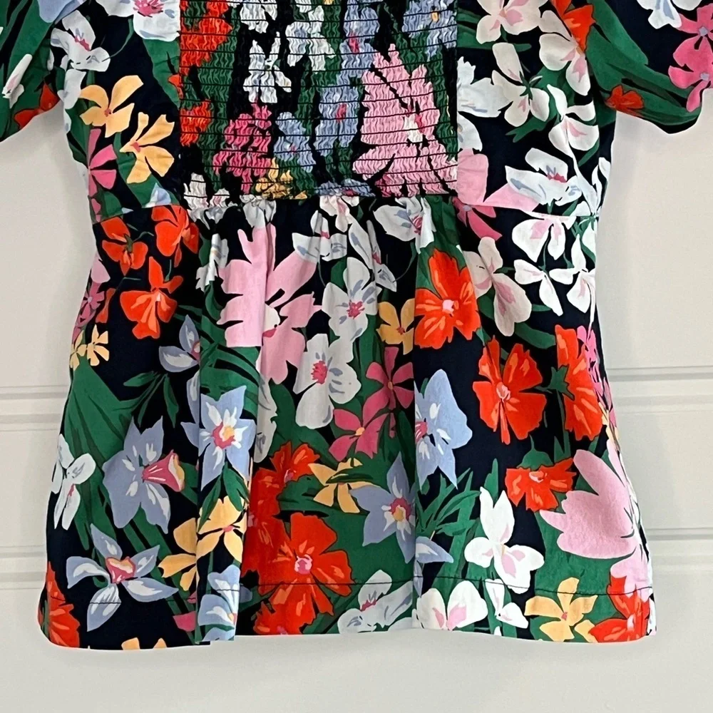 Old Navy Size Medium Floral Print Waist-Defined Puff Sleeve V-Neck Top Cotton